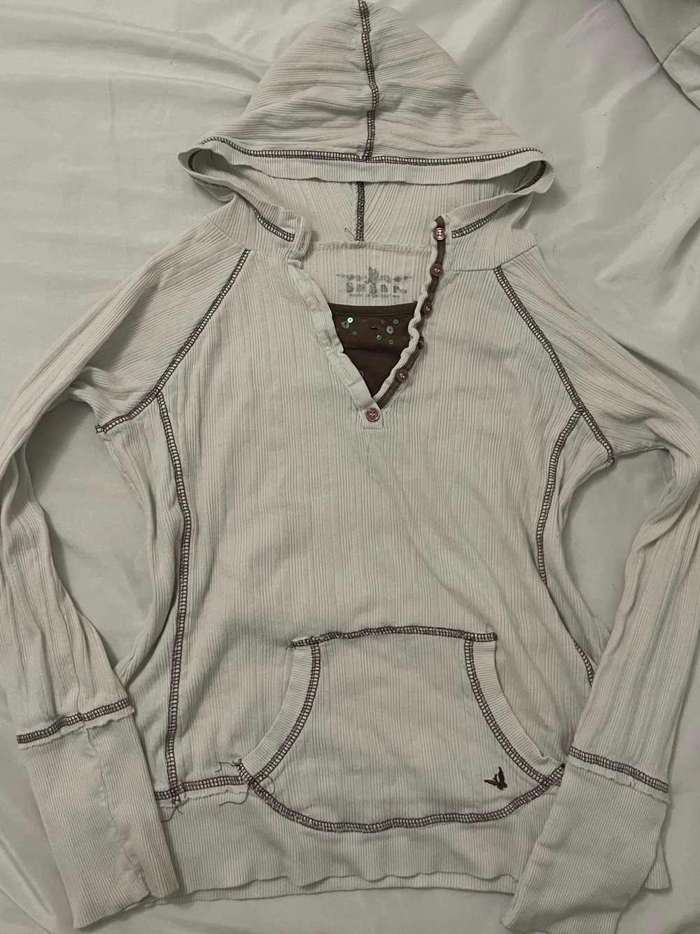 Sugar Cream Hooded Henley Pullover with Contrast Stitching